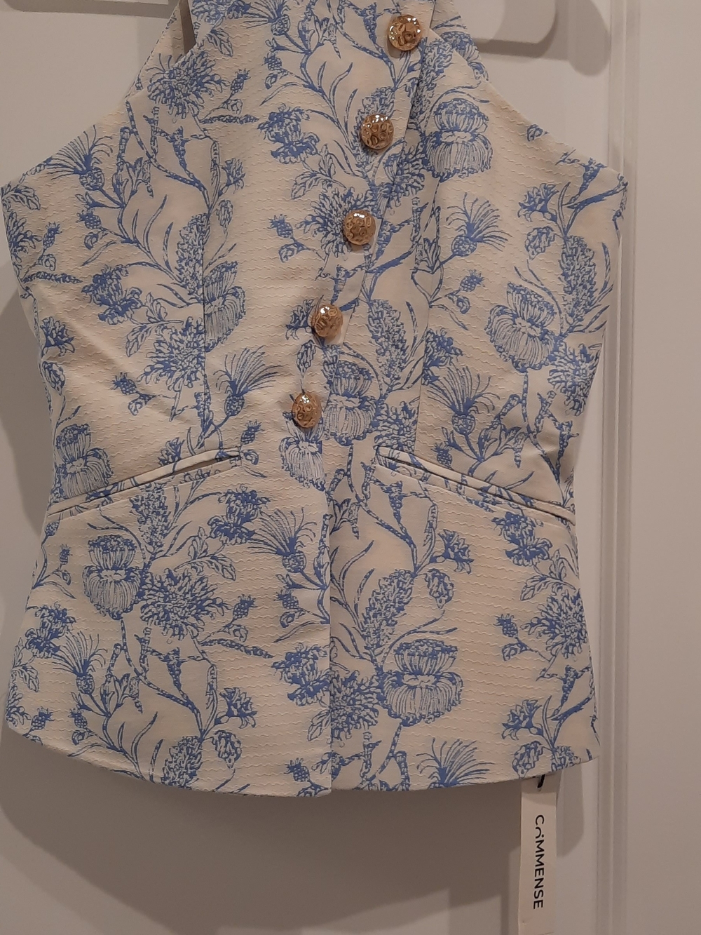 COMMENSE Blue & Ivory Floral Jacquard Halter Vest – Size S – NWT - Picture 7 of 11